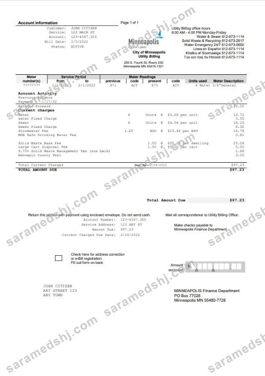 USA Minnesota Minneapolis City of Lakes utility bill template in Word and PDF format